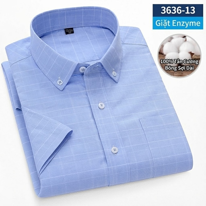 Áo Sơ Mi Ngắn Tay Nam Cotton Oxford Sọc Caro Thanh Lịch Màu Xanh Dương, Xanh Lá, Xám