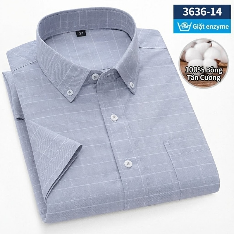 Áo Sơ Mi Ngắn Tay Nam Cotton Oxford Sọc Caro Thanh Lịch Màu Xanh Dương, Xanh Lá, Xám