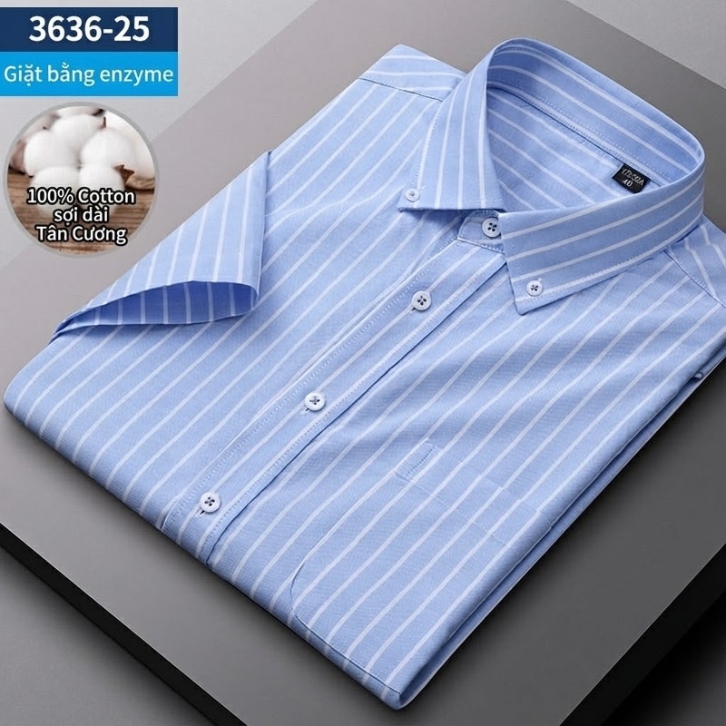 Áo Sơ Mi Ngắn Tay Nam Cotton Oxford Sọc Caro Thanh Lịch Màu Xanh Dương, Xanh Lá, Xám