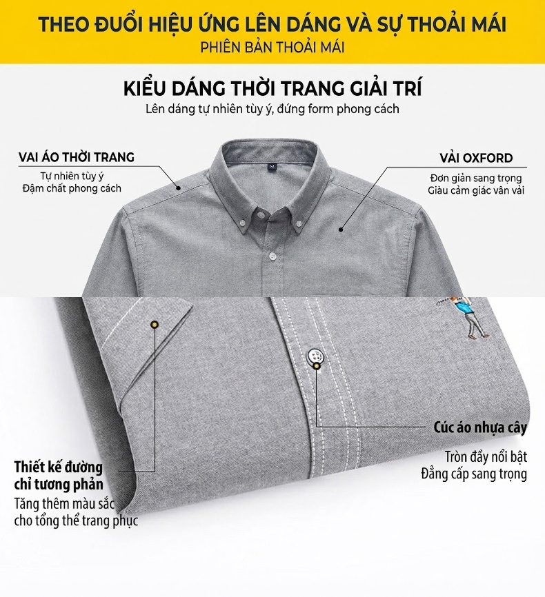 Áo Sơ Mi Ngắn Tay Nam Cotton Thoáng Khí Màu Trắng, Xanh Da Trời, Xám, Hồng... chi tiết 6