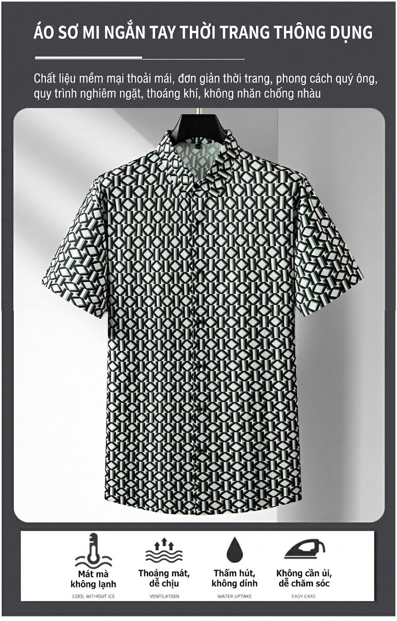 Áo Sơ Mi Ngắn Tay Nam Họa Tiết Mỏng Mát Thoáng Khí Phong Cách Casual Màu Xanh, Nâu, Trắng... chi tiết 1