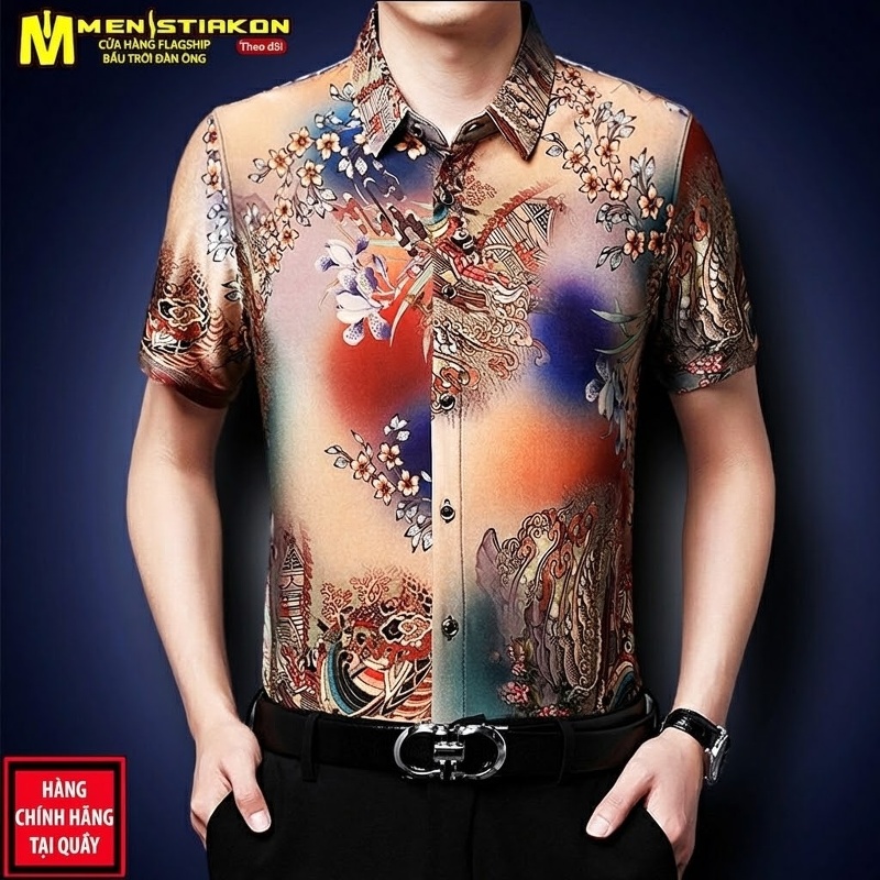 Áo Sơ Mi Ngắn Tay Nam Hoa Văn Co Giãn Lụa Băng In Họa Tiết Trung Niên Dáng Rộng Màu Be, Đỏ, Nâu, Đen...