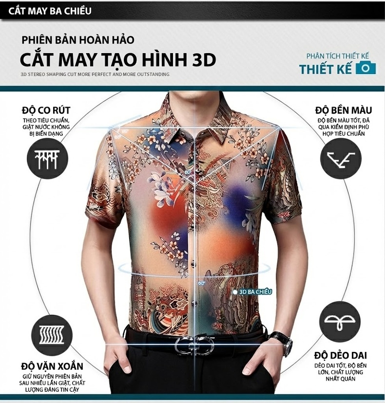 Áo Sơ Mi Ngắn Tay Nam Hoa Văn Co Giãn Lụa Băng In Họa Tiết Trung Niên Dáng Rộng Màu Be, Đỏ, Nâu, Đen... chi tiết 4