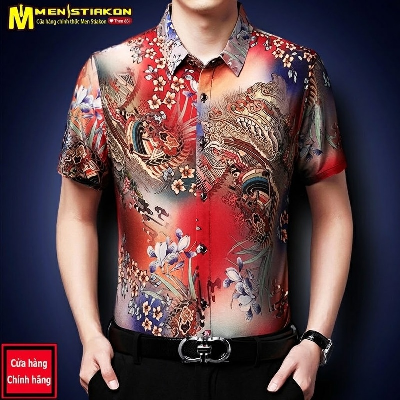 Áo Sơ Mi Ngắn Tay Nam Hoa Văn Co Giãn Lụa Băng In Họa Tiết Trung Niên Dáng Rộng Màu Be, Đỏ, Nâu, Đen...