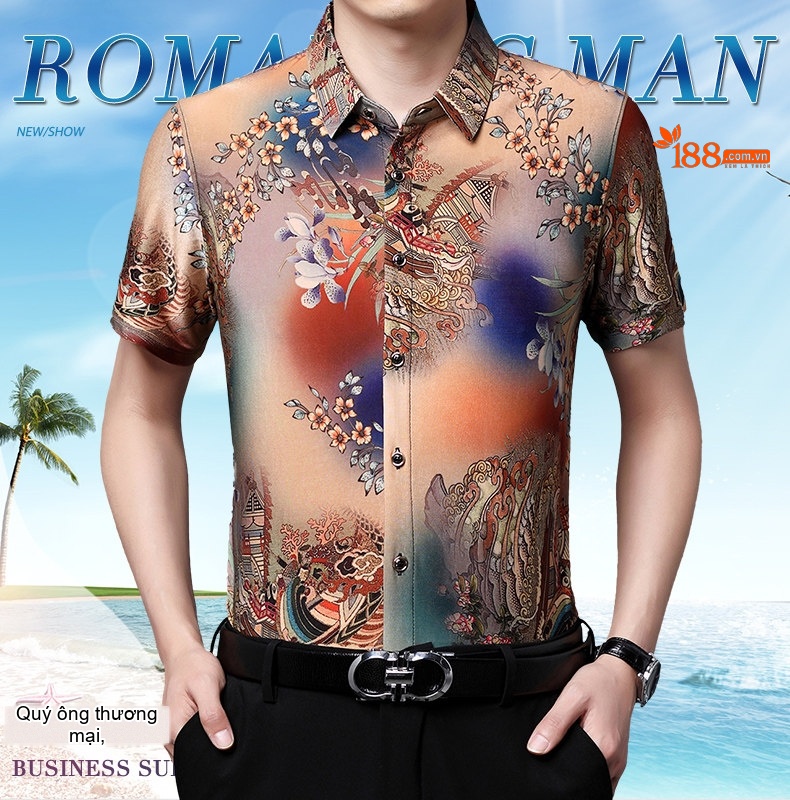 Áo Sơ Mi Ngắn Tay Nam Hoa Văn Co Giãn Lụa Băng In Họa Tiết Trung Niên Dáng Rộng Màu Be, Đỏ, Nâu, Đen... chi tiết 1