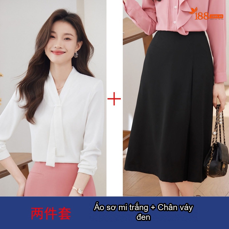 Áo Sơ Mi Nữ Cổ chữ V Chữ V Thắt Nơ Tay Dài Phong Cách Công Sở Màu Trắng, Xanh Navy