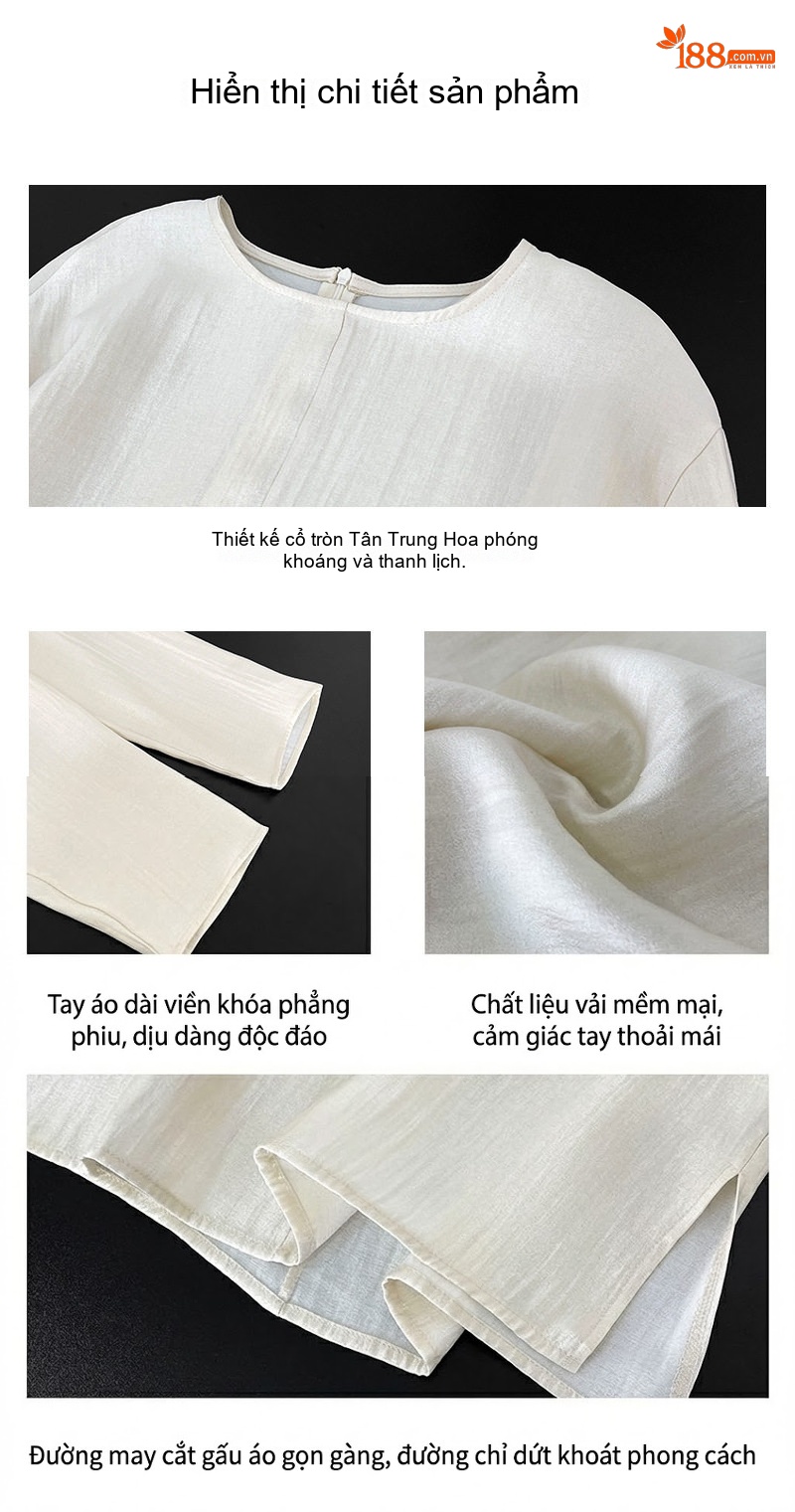 Áo Sơ Mi Nữ Cổ Tròn Kiểu Trung Quốc Thiết Kế Rộng Tay Dài Màu Trắng, Đen chi tiết 4