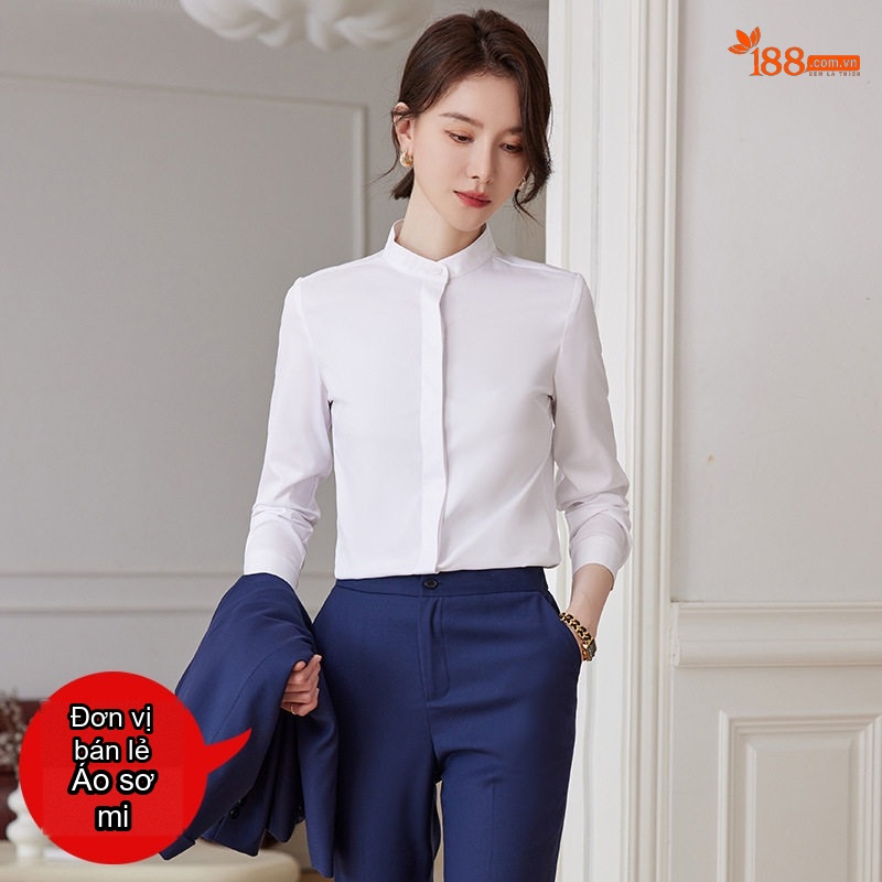 Áo Sơ Mi Nữ Dài Tay Cổ Trụ Dáng Ôm Thời Trang Màu Trắng, Xanh
