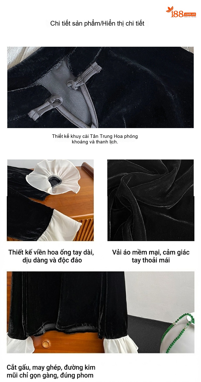 Áo Sơ Mi Nữ Nhung Tay Dài Cổ Tàu Thiết Kế Cúc Tàu Phong Cách Trung Hoa Cách Tân Màu Đen chi tiết 4