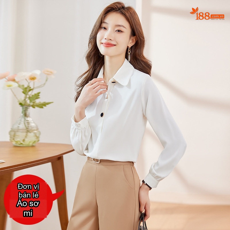 Áo Sơ Mi Nữ Tay Dài Cổ chữ V Trắng Thiết Kế Thanh Lịch