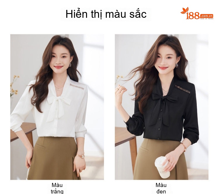 Áo Sơ Mi Nữ Tay Dài Cổ chữ V Vải Voan Thắt Nơ Phong Cách Hàn Quốc Màu Trắng, Đen chi tiết 6
