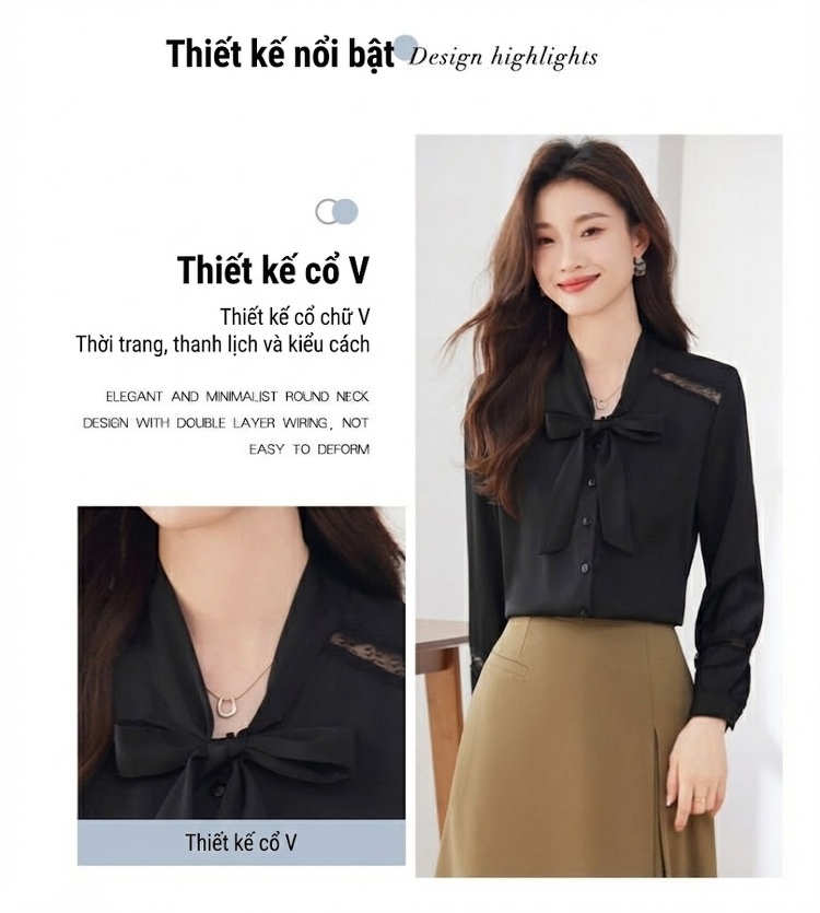 Áo Sơ Mi Nữ Tay Dài Cổ chữ V Vải Voan Thắt Nơ Phong Cách Hàn Quốc Màu Trắng, Đen chi tiết 8