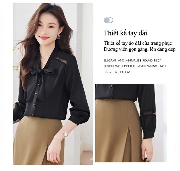Áo Sơ Mi Nữ Tay Dài Cổ chữ V Vải Voan Thắt Nơ Phong Cách Hàn Quốc Màu Trắng, Đen chi tiết 9