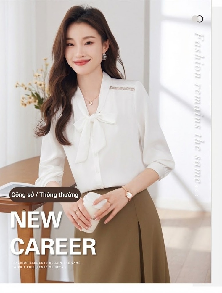 Áo Sơ Mi Nữ Tay Dài Cổ chữ V Vải Voan Thắt Nơ Phong Cách Hàn Quốc Màu Trắng, Đen chi tiết 3