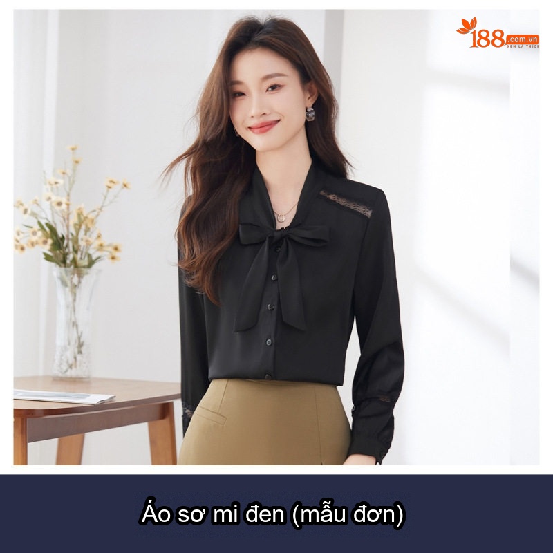 Áo Sơ Mi Nữ Tay Dài Cổ chữ V Vải Voan Thắt Nơ Phong Cách Hàn Quốc Màu Trắng, Đen
