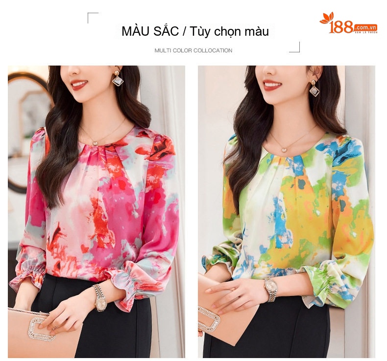 Áo Sơ Mi Nữ Tay Dài Cổ Tròn Họa Tiết Bề Mặt Giả Lụa Màu Hồng, Trắng, Xanh, Vàng chi tiết 2