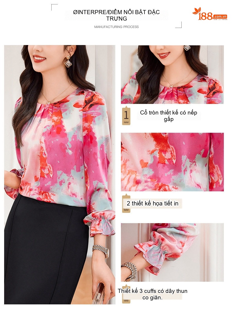 Áo Sơ Mi Nữ Tay Dài Cổ Tròn Họa Tiết Bề Mặt Giả Lụa Màu Hồng, Trắng, Xanh, Vàng chi tiết 3