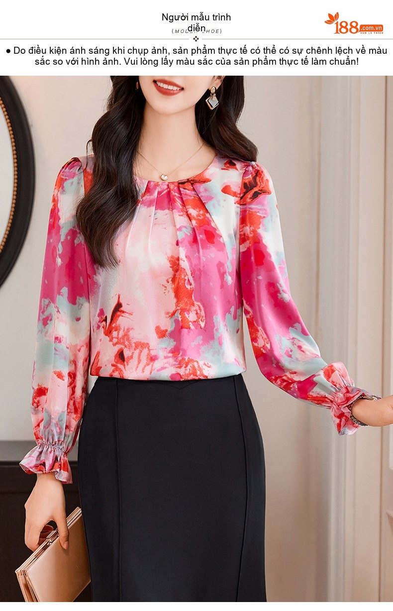 Áo Sơ Mi Nữ Tay Dài Cổ Tròn Họa Tiết Bề Mặt Giả Lụa Màu Hồng, Trắng, Xanh, Vàng chi tiết 4