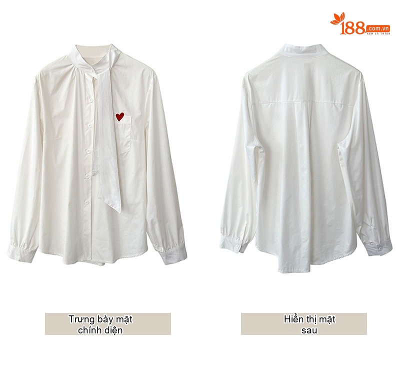 Áo Sơ Mi Nữ Tay Dài Cotton Thêu Hình Tim Cổ Nơ Dáng Rộng Màu Trắng chi tiết 5