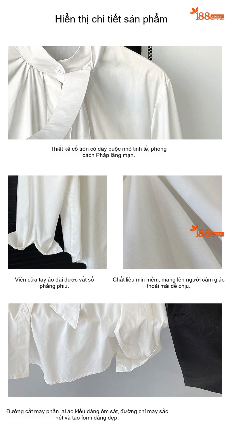 Áo Sơ Mi Nữ Tay Dài Cotton Thêu Hình Tim Cổ Nơ Dáng Rộng Màu Trắng chi tiết 3