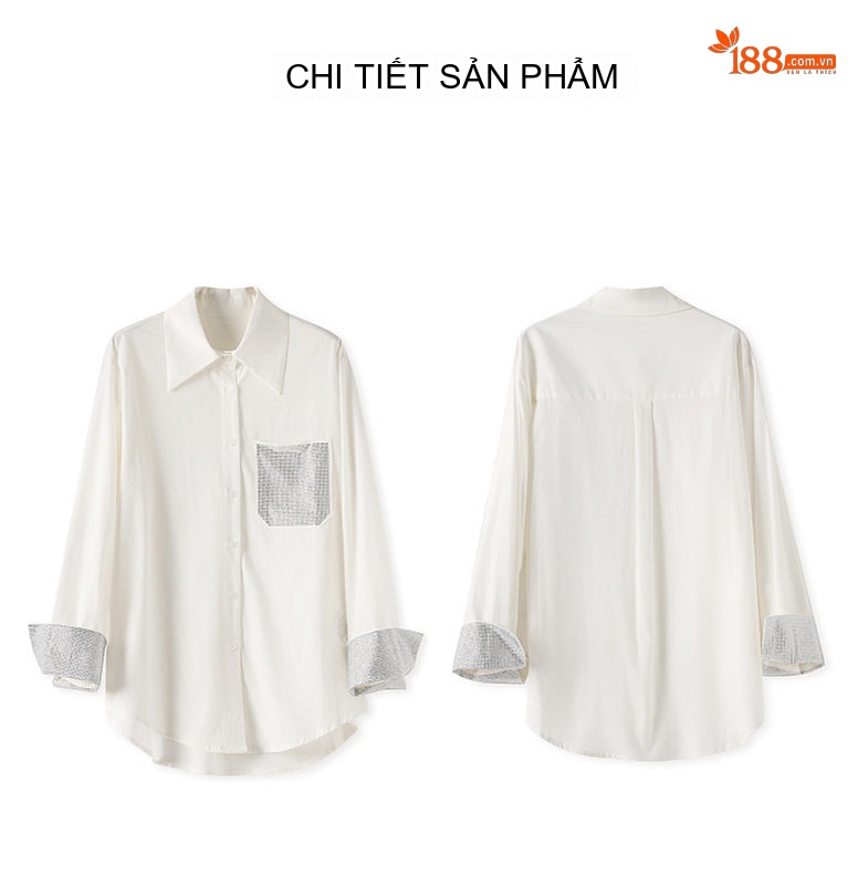 Áo Sơ Mi Nữ Tay Dài Đính Đá Phong Cách Hàn Quốc Dáng Rộng Màu Trắng, Xanh chi tiết 15