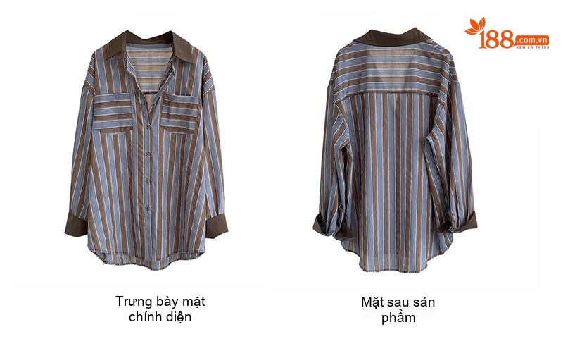 Áo Sơ Mi Nữ Tay Dài Họa Tiết Sọc Vintage Màu Xanh, Nâu chi tiết 5