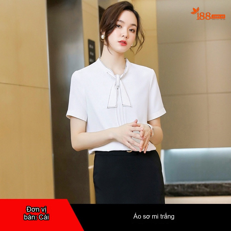Áo Sơ Mi Nữ Tay Ngắn Cổ Nơ Voan Kiểu Pháp Công Sở Màu Trắng, Xanh