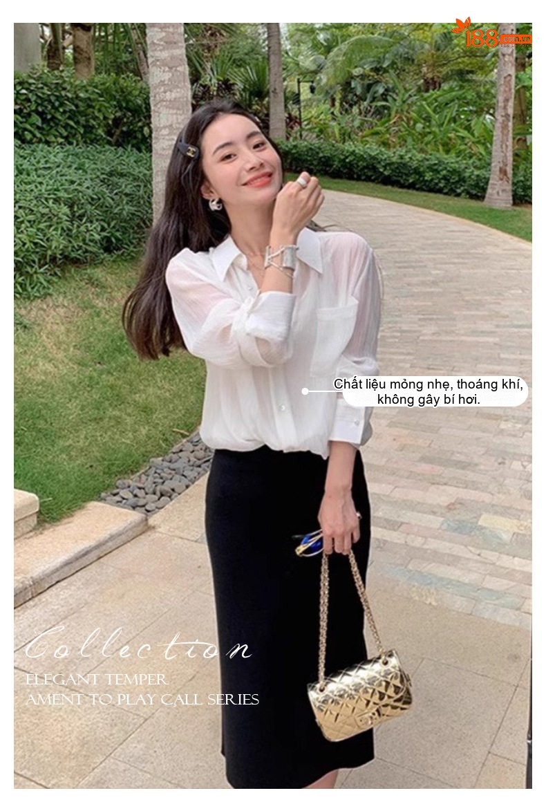 Áo Sơ Mi Polo Nữ Mỏng Nhẹ Chống Nắng Dáng Rộng Màu Trắng chi tiết 4