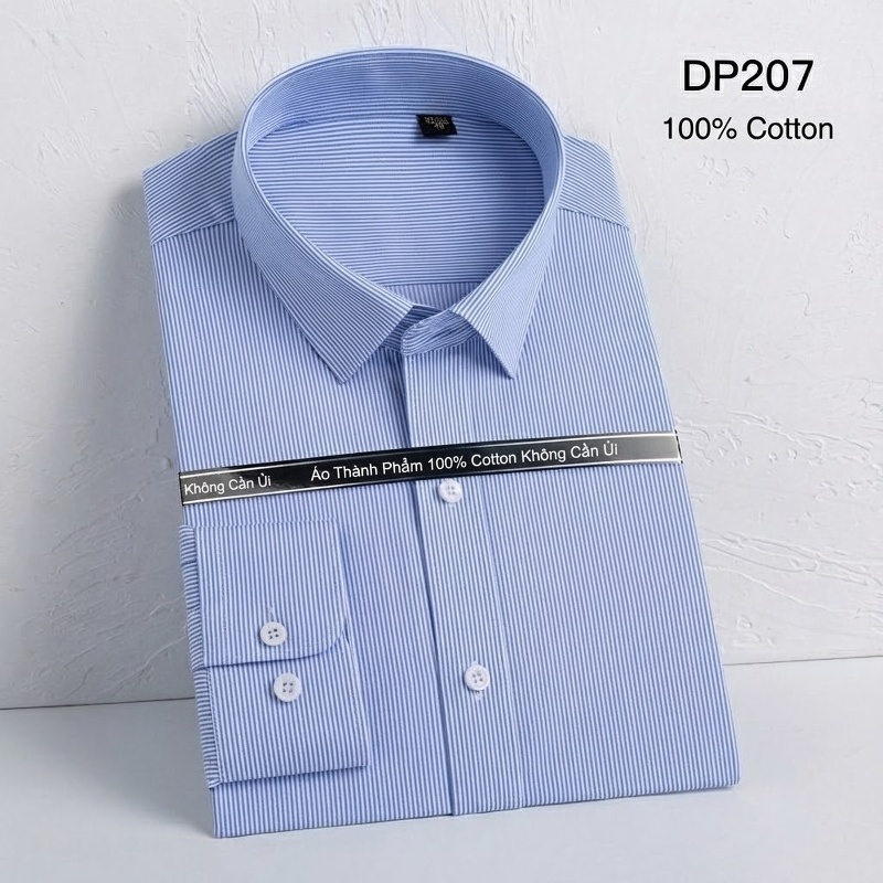 Áo Sơ Mi Tay Dài Nam Cotton 80s Chống Nhăn Cổ chữ Vuông Màu Xanh Sọc, Trắng, Xanh Dương