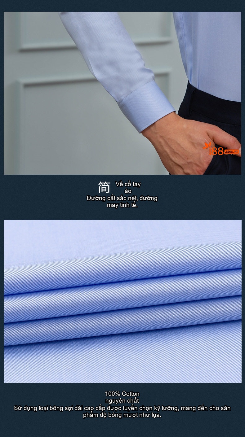 Áo Sơ Mi Tay Dài Nam Cotton 80s Chống Nhăn Cổ chữ Vuông Màu Xanh Sọc, Trắng, Xanh Dương chi tiết 13