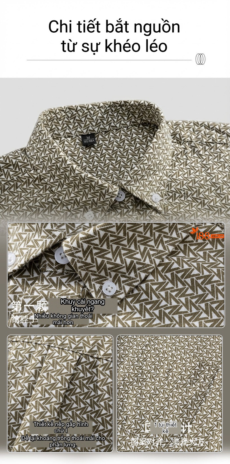 Áo Sơ Mi Tay Dài Nam Cotton Chống Nhăn In Họa Tiết Dáng Ôm Vừa Vặn Màu Xám chi tiết 8