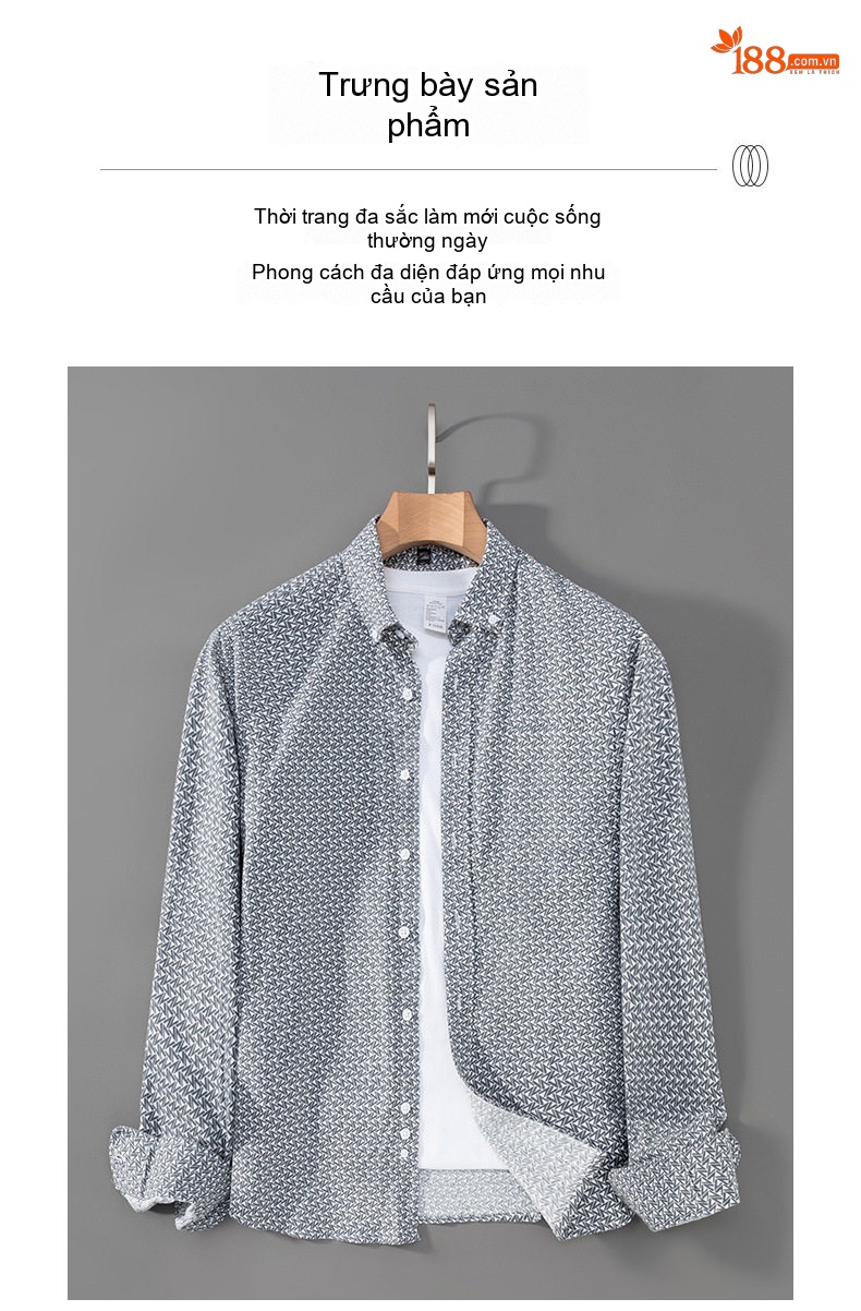 Áo Sơ Mi Tay Dài Nam Cotton Chống Nhăn In Họa Tiết Dáng Ôm Vừa Vặn Màu Xám chi tiết 11