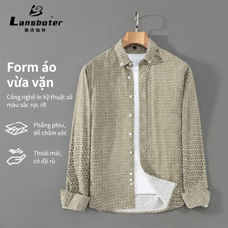 Áo Sơ Mi Tay Dài Nam Cotton Chống Nhăn In Họa Tiết Dáng Ôm Vừa Vặn Màu Xám