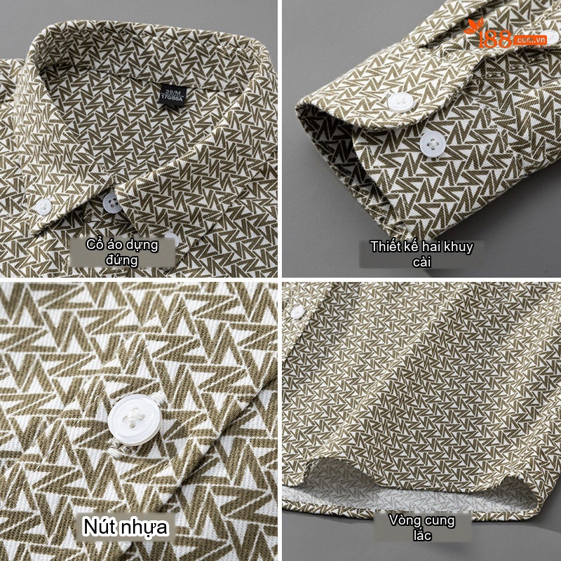 Áo Sơ Mi Tay Dài Nam Cotton Chống Nhăn In Họa Tiết Dáng Ôm Vừa Vặn Màu Xám