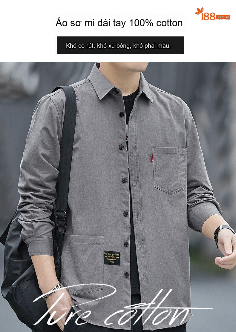 Áo Sơ Mi Tay Dài Nam Cotton Dáng Rộng Giặt Nước Màu Đen, Xám, Xanh, Nâu chi tiết 1