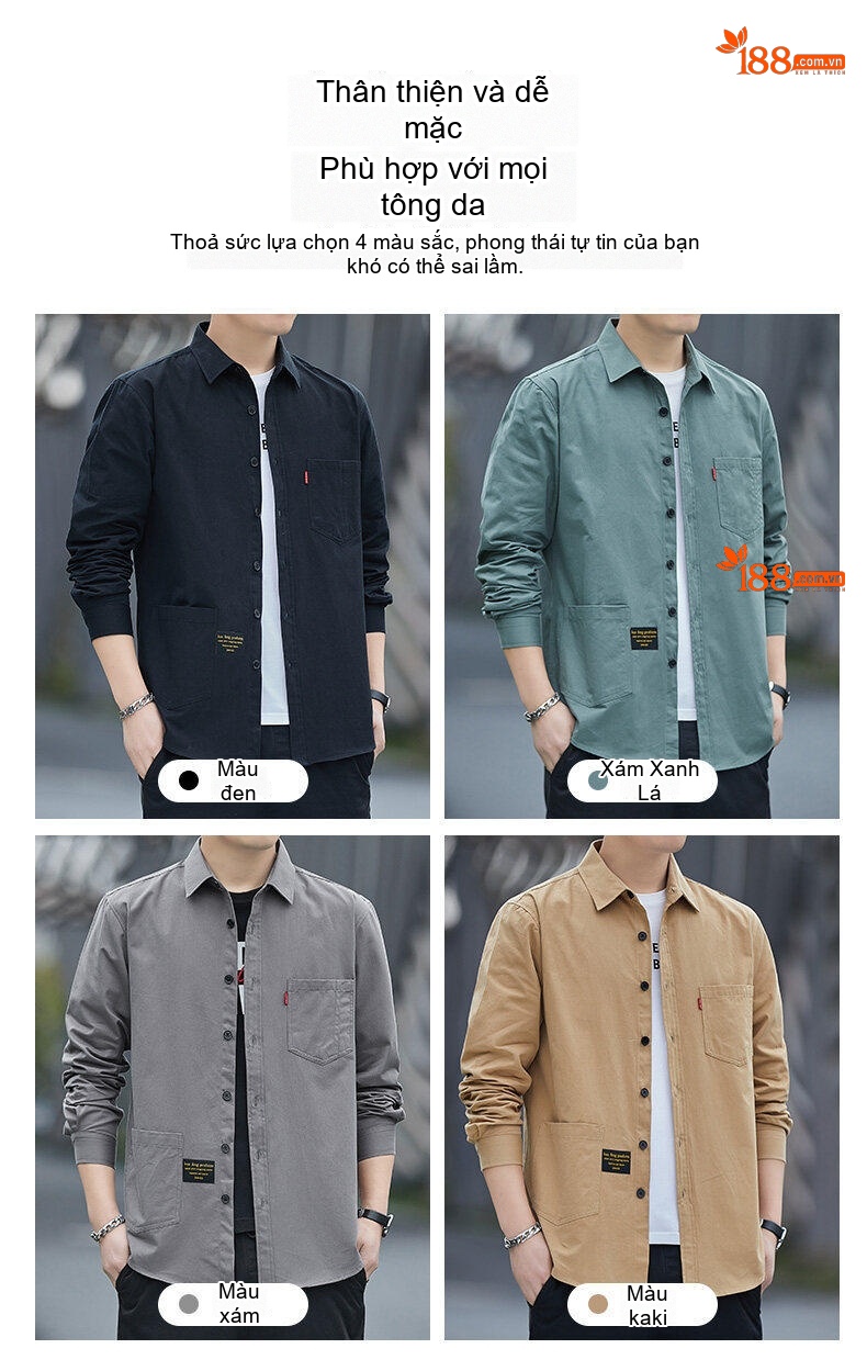Áo Sơ Mi Tay Dài Nam Cotton Dáng Rộng Giặt Nước Màu Đen, Xám, Xanh, Nâu chi tiết 3