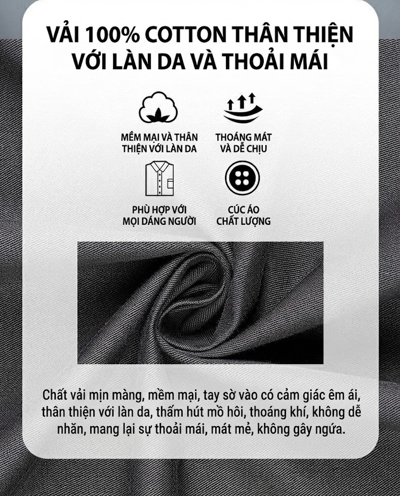 Áo Sơ Mi Tay Dài Nam Cotton Dáng Rộng Giặt Nước Màu Đen, Xám, Xanh, Nâu chi tiết 2