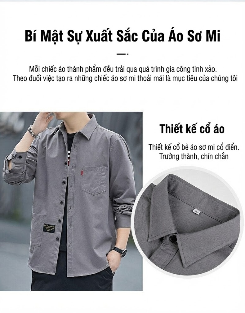 Áo Sơ Mi Tay Dài Nam Cotton Dáng Rộng Giặt Nước Màu Đen, Xám, Xanh, Nâu chi tiết 5