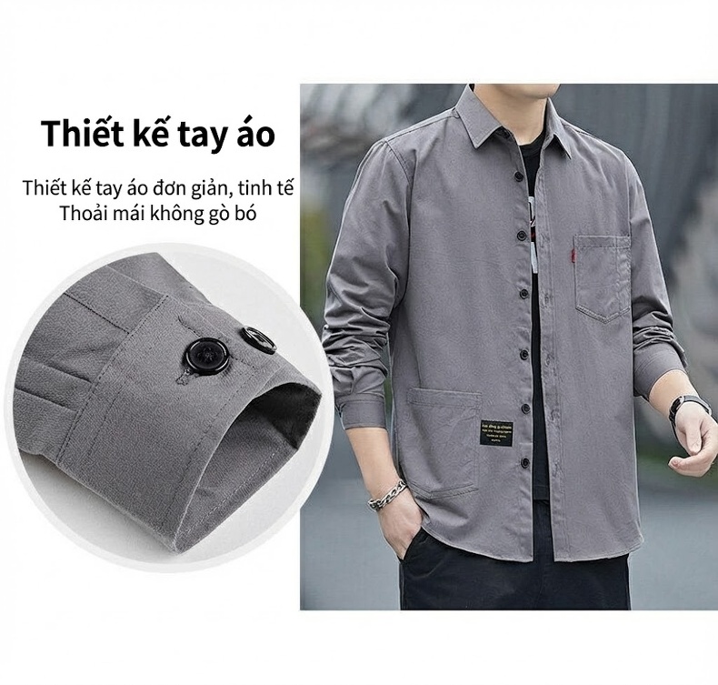 Áo Sơ Mi Tay Dài Nam Cotton Dáng Rộng Giặt Nước Màu Đen, Xám, Xanh, Nâu chi tiết 6