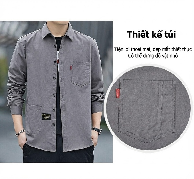 Áo Sơ Mi Tay Dài Nam Cotton Dáng Rộng Giặt Nước Màu Đen, Xám, Xanh, Nâu chi tiết 7