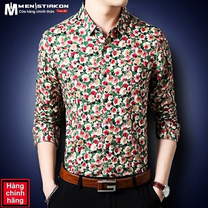 Áo Sơ Mi Tay Dài Nam Cotton Họa Tiết Hoa Mỏng Nhẹ Thoáng Mát Màu Đen, Xanh Navy, Xanh...