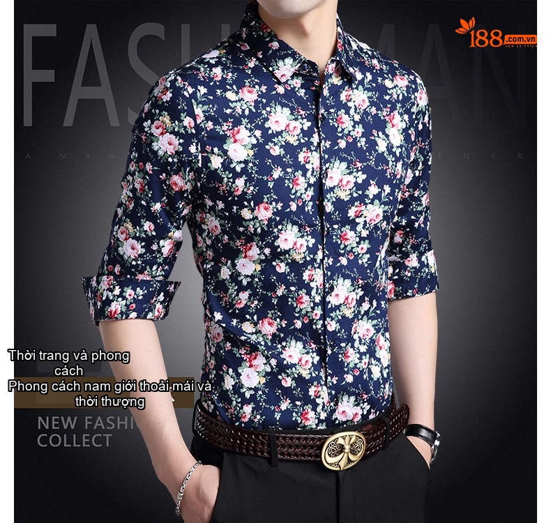 Áo Sơ Mi Tay Dài Nam Cotton Họa Tiết Hoa Mỏng Nhẹ Thoáng Mát Màu Đen, Xanh Navy, Xanh... chi tiết 1