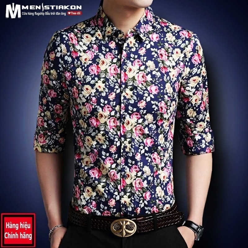 Áo Sơ Mi Tay Dài Nam Cotton Họa Tiết Hoa Mỏng Nhẹ Thoáng Mát Màu Đen, Xanh Navy, Xanh...