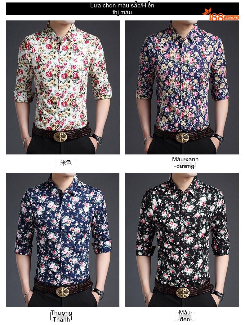 Áo Sơ Mi Tay Dài Nam Cotton Họa Tiết Hoa Mỏng Nhẹ Thoáng Mát Màu Đen, Xanh Navy, Xanh... chi tiết 5