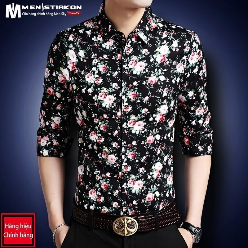 Áo Sơ Mi Tay Dài Nam Cotton Họa Tiết Hoa Mỏng Nhẹ Thoáng Mát Màu Đen, Xanh Navy, Xanh...