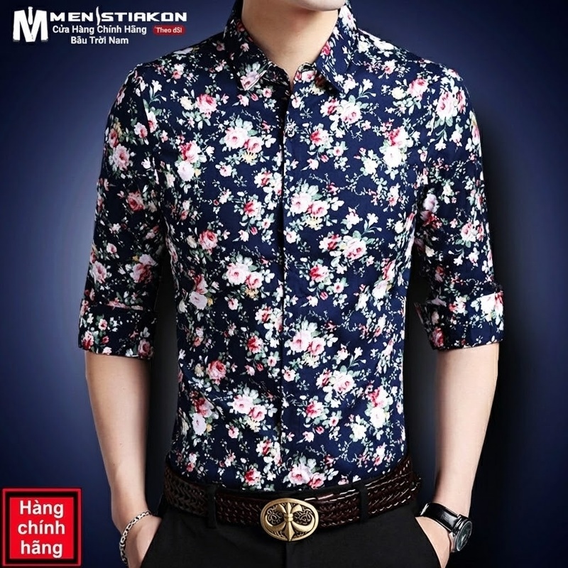 Áo Sơ Mi Tay Dài Nam Cotton Họa Tiết Hoa Mỏng Nhẹ Thoáng Mát Màu Đen, Xanh Navy, Xanh...