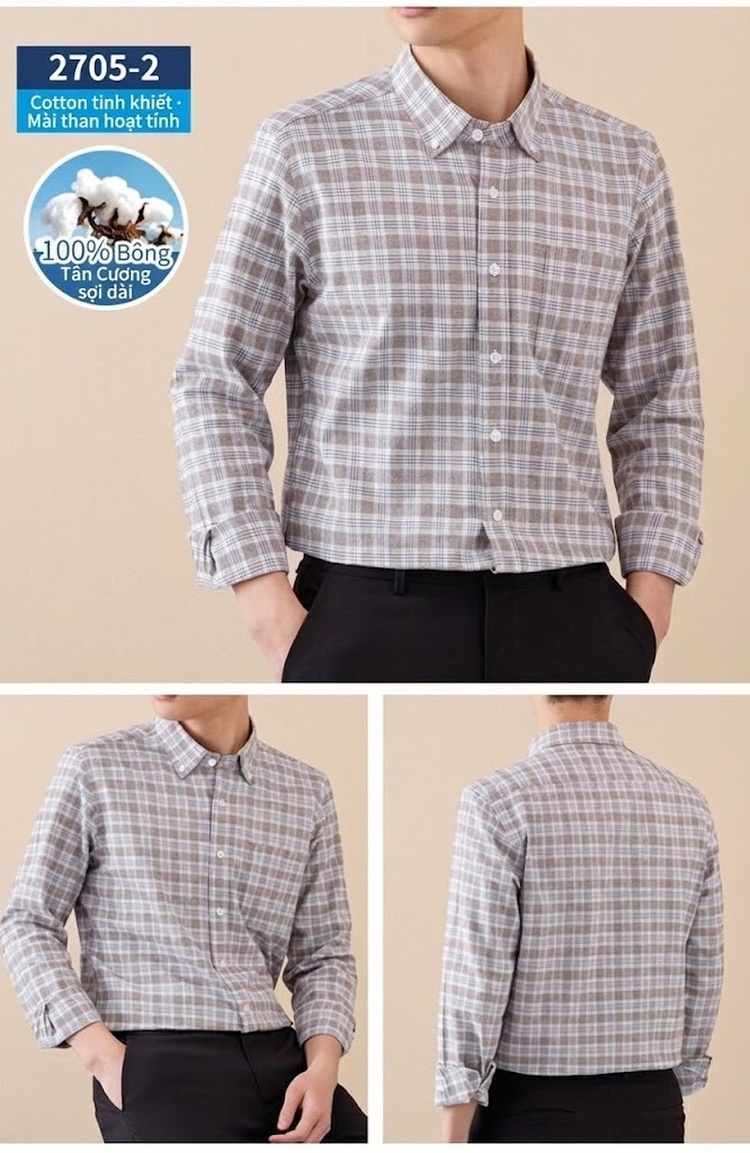 Áo Sơ Mi Tay Dài Nam Cotton Kẻ Caro Mài Lông Phong Cách Công Sở chi tiết 24