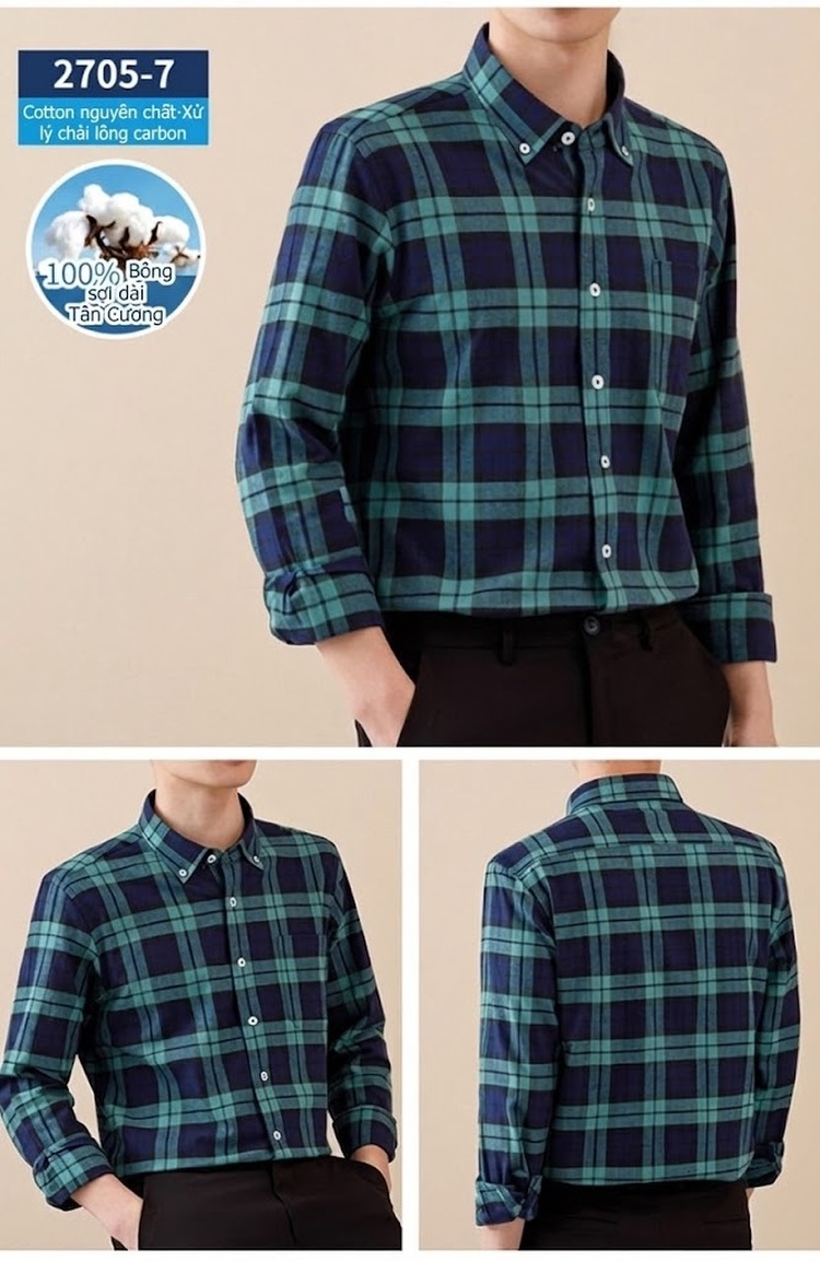 Áo Sơ Mi Tay Dài Nam Cotton Kẻ Caro Mài Lông Phong Cách Công Sở chi tiết 27