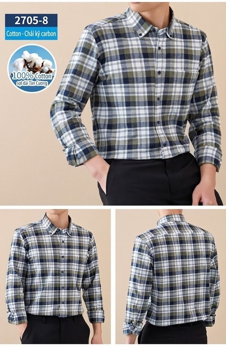 Áo Sơ Mi Tay Dài Nam Cotton Kẻ Caro Mài Lông Phong Cách Công Sở chi tiết 28