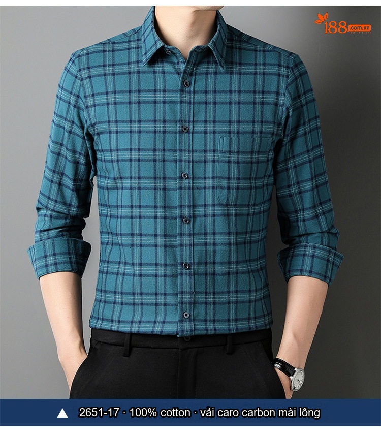 Áo Sơ Mi Tay Dài Nam Cotton Kẻ Caro Mài Lông Phong Cách Công Sở chi tiết 20